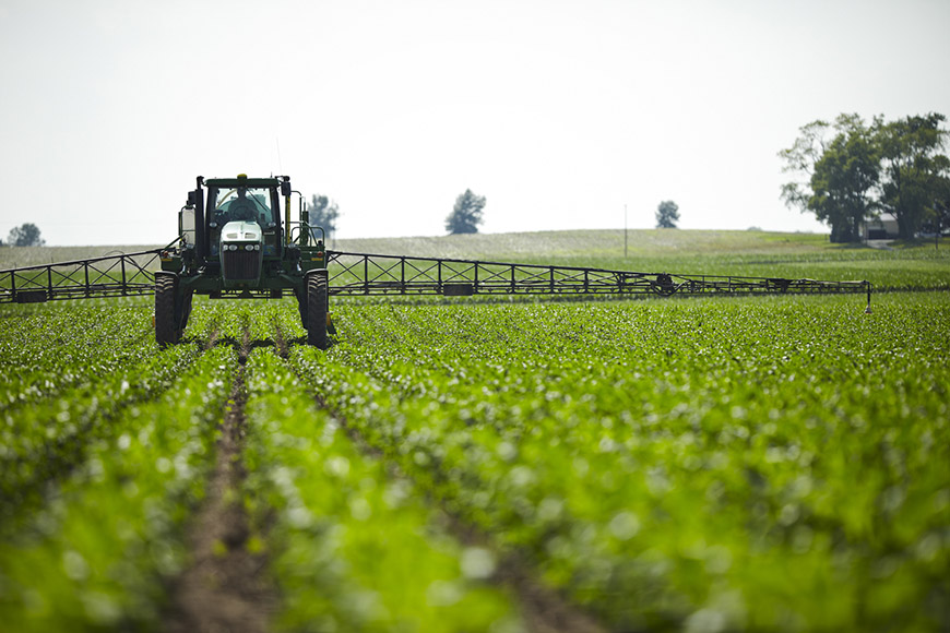 Sprayer applying herbicides in a soybean field.