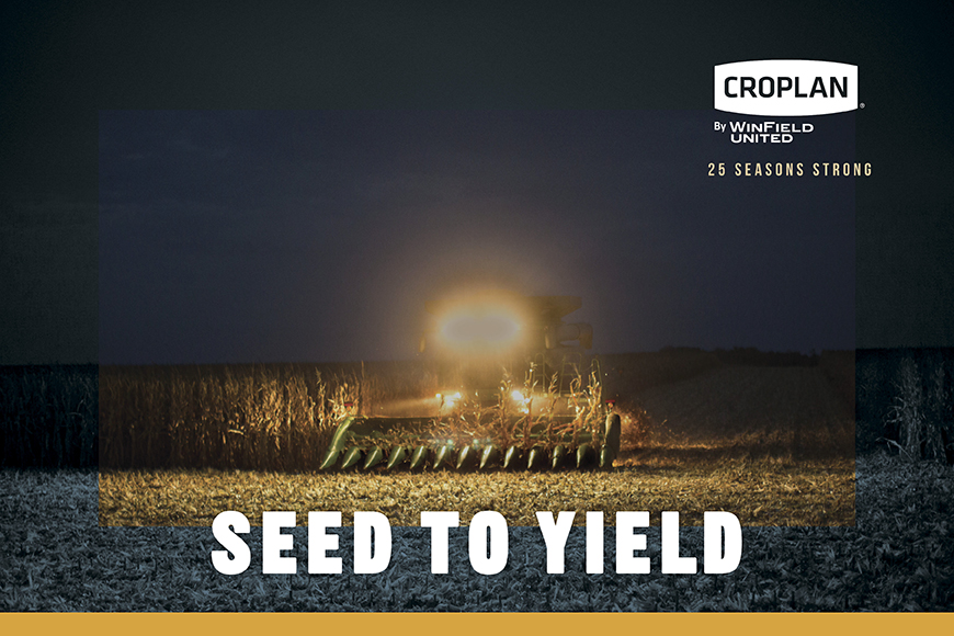 From Seed To Yield text on top of combine corn harvest image