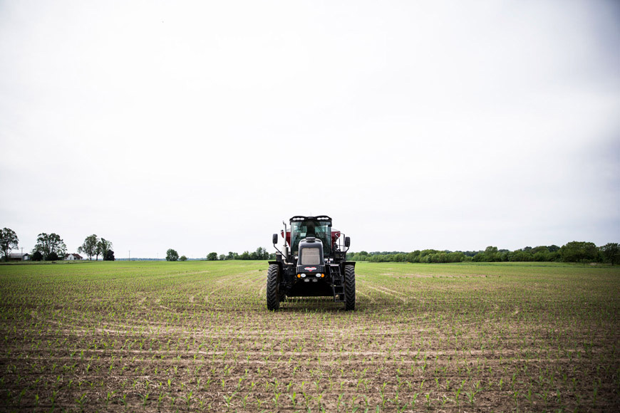Tractor parked in an early-season corn field.